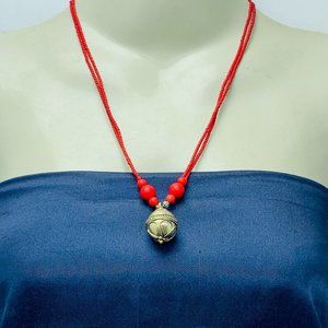 Red Beaded Pendant Necklace: Ethnic Teardrop Gemstone, Handmade